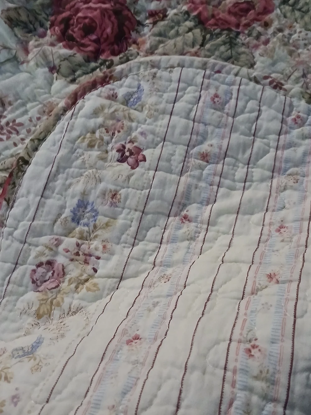 Floral Quilted Throw Blanket - Cream with Rose Accents